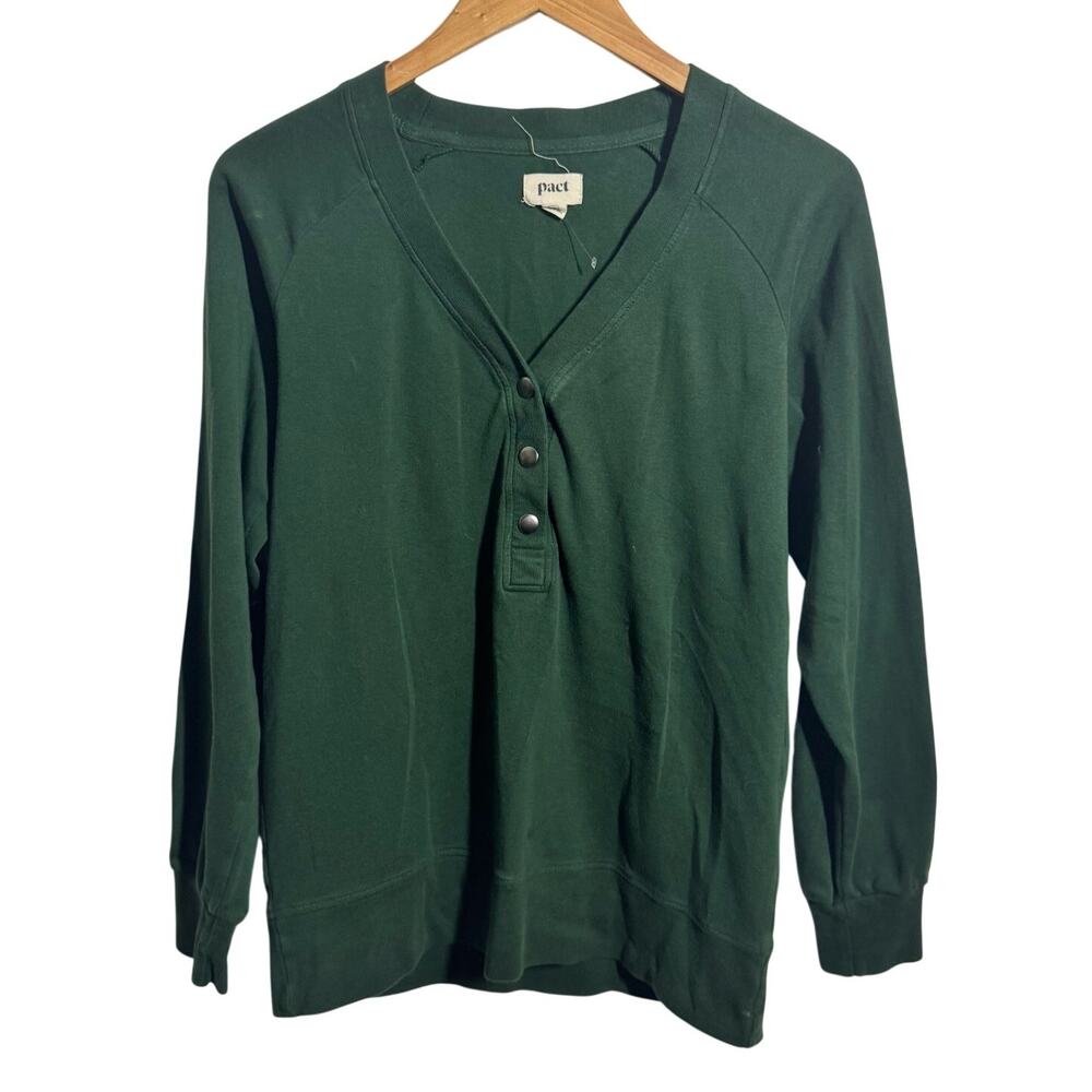 Pact‎ long-sleeve Henley shirt Women XS Hunter Green Organic Cotton Minimal